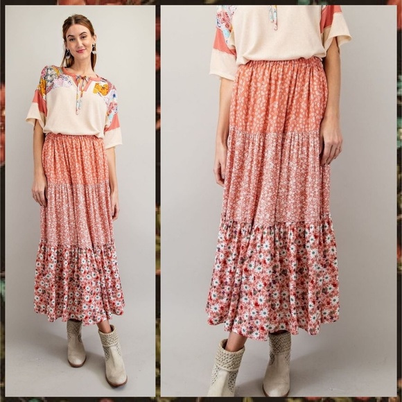 EASEL Mixed Floral Print Midi or Maxi Cottagecore Tiered Prairie Skirt W/Lining - Picture 8 of 16